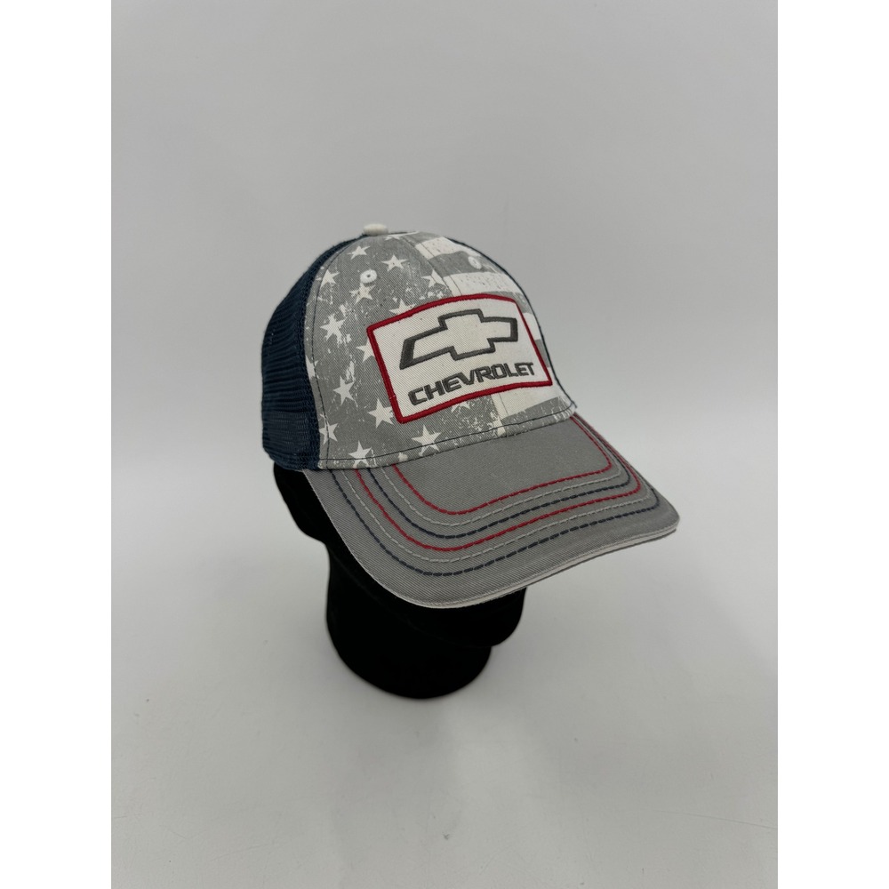 Chevrolet Trucker Hat Snapback Navy Blue Mesh Grey American Flag Bowtie Logo Cap